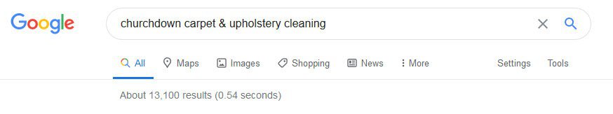 Screenshot of a Google search for a carpet and upholstery cleaner in Churchdown taken from the related searches suggestions.