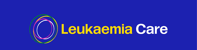 Leukaemia Care logo with four interlocking circles in green, purple, orange, and white on a blue background. The words Leukaemia Care appear in yellow and white text, highlighting the support and real-life testimonials at the heart of their mission.