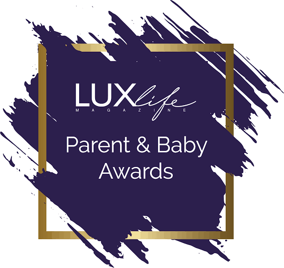 LUXlife Magazine Parent & Baby Awards logo with white text on a dark blue paint stroke background, framed by a gold square, often seen alongside glowing testimonials from delighted winners.