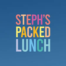Text in bold, colourful letters on a blue background reads: Steph’s Packed Lunch, highlighting glowing testimonials from viewers.