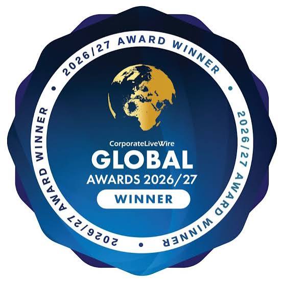 Blue and gold badge with a globe in the centre, labelled CorporateLiveWire Global Awards 2026/27 Winner and 2026/27 Award Winner repeated around the border—an emblem often highlighted in testimonials recognising outstanding achievement.